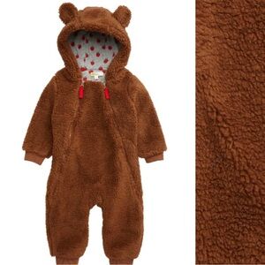 Mini Boden Brown Bear Cozy Fleece Hooded Jumpsuit Bunting Size 6-12 M